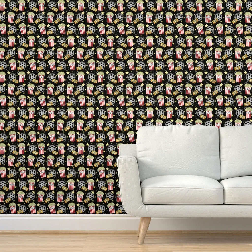 Movie Night Theater Popcorn Peel and Stick Wallpaper - Red, Black product