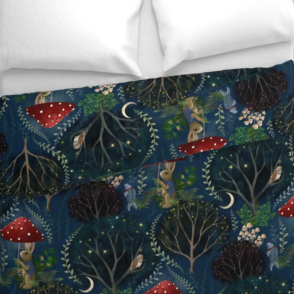 Mr. Rabbit Walking His Fish Duvet Cover - Dark Blue alternate view