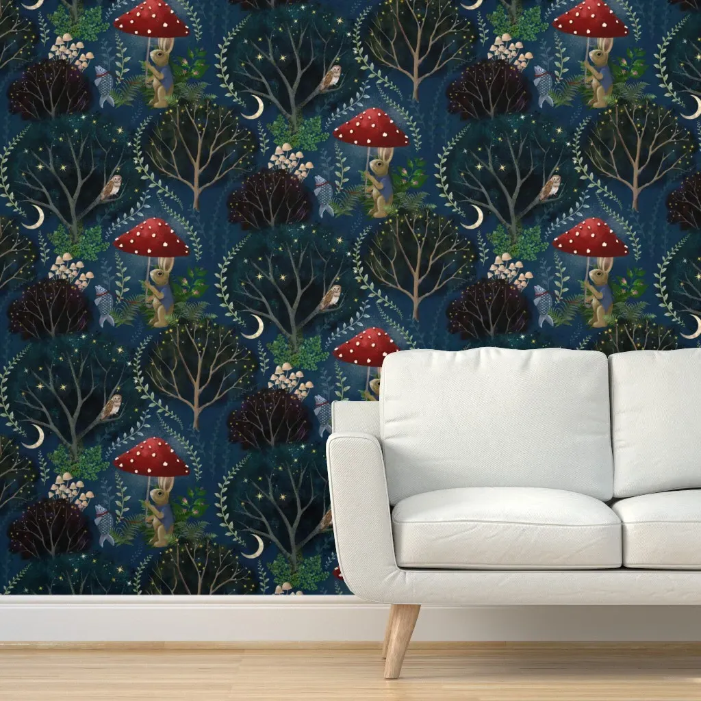 Mr. Rabbit Walking His Fish Peel and Stick Wallpaper - Dark Blue product