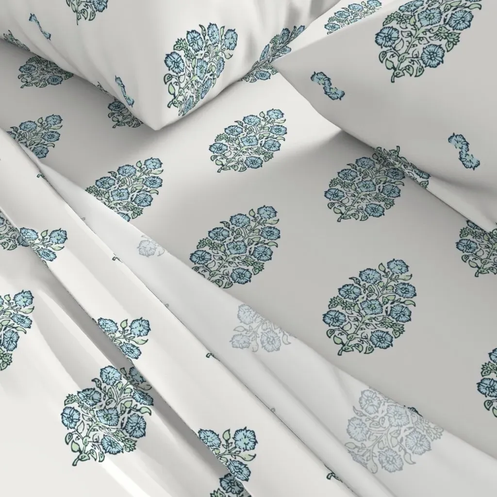 Mughal Flower Indian Block Print Twin Sheet Set - Light Blue alternate view