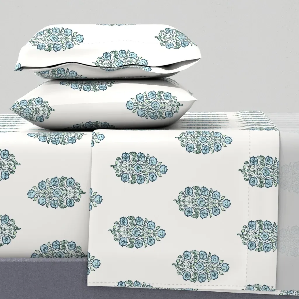 Mughal Flower Indian Block Print Twin Sheet Set - Light Blue product