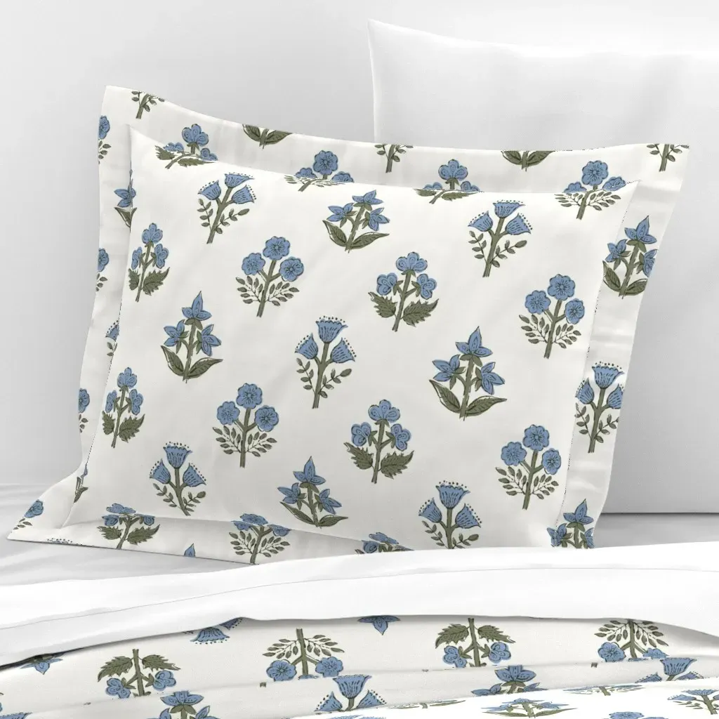 Mughal Flowers Standard Flanged Pillow Sham - Dusty Blue, Cotton Sateen product