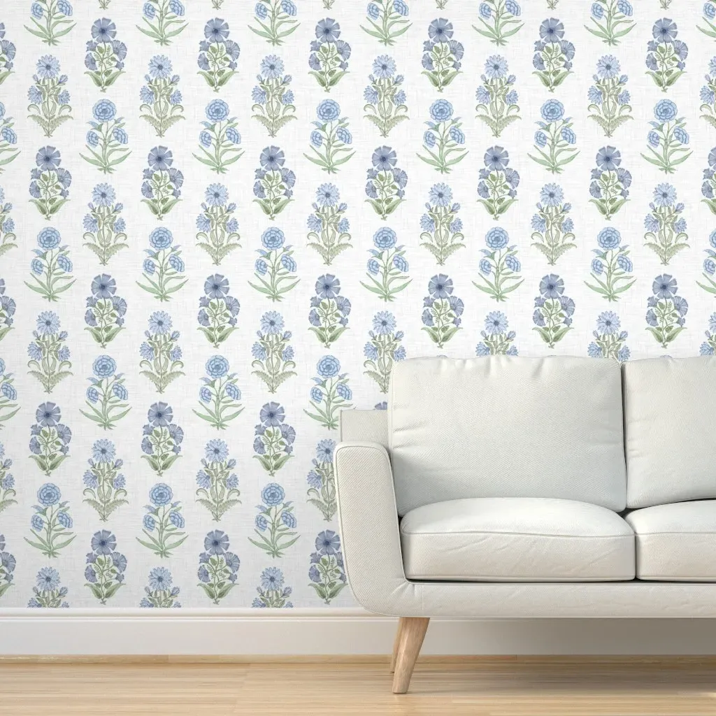 Mughal Style Block Print Floral Peel and Stick Wallpaper - Light Blue, Linen product