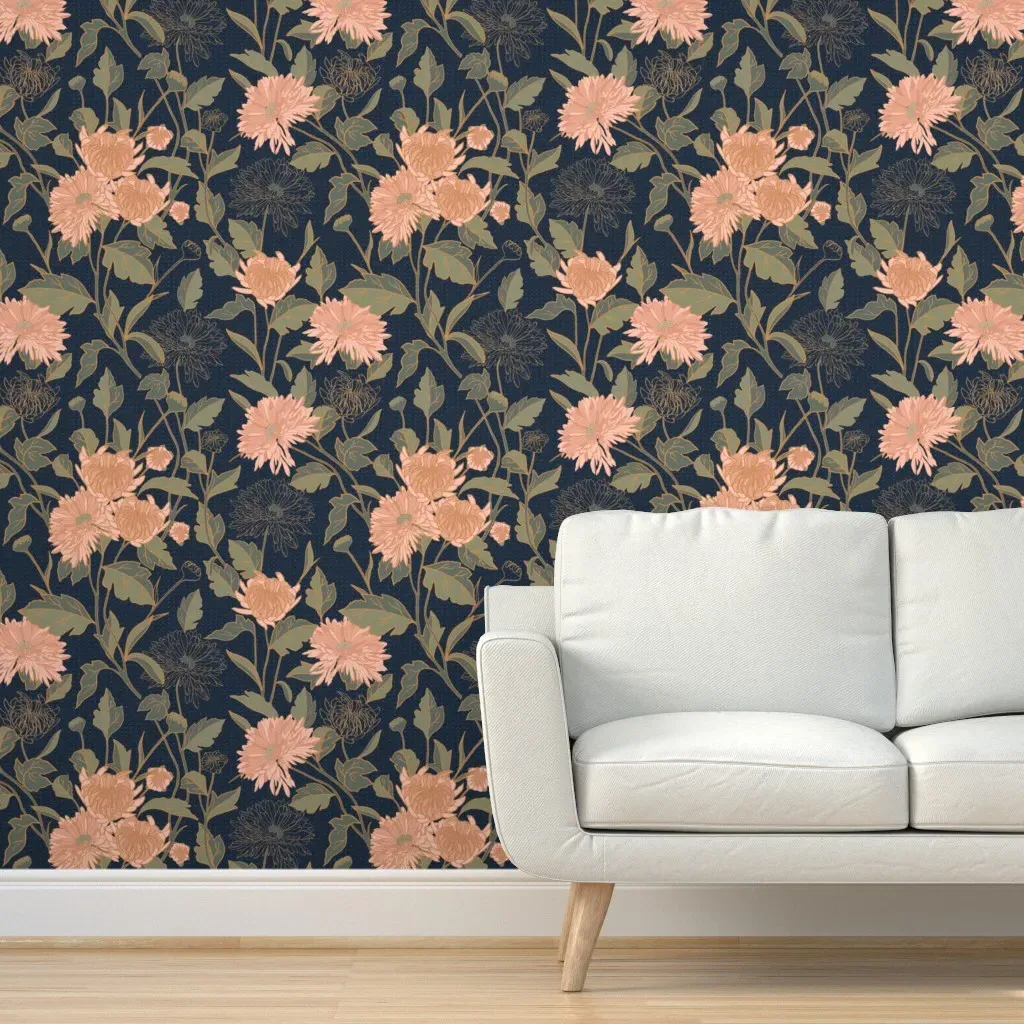 Mum Chrysanthemum Peel and Stick Wallpaper - Midnight Blue, Floral product