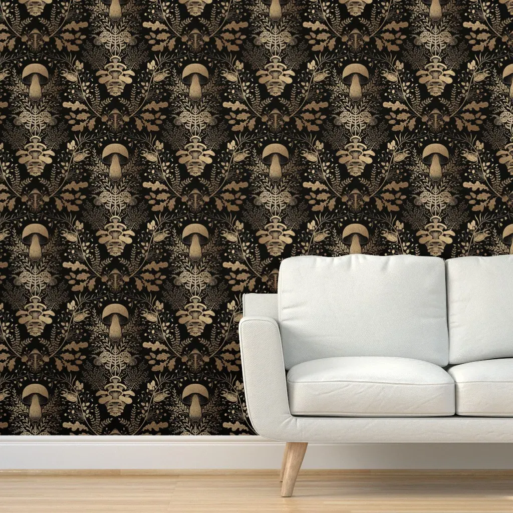 Mushroom Forest Damask Peel and Stick Wallpaper - Black, Gold product