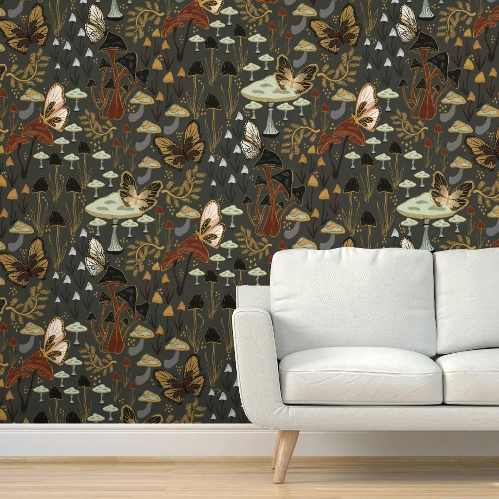 Mushrooms And Monarchs Peel and Stick Wallpaper - Dark Brown product