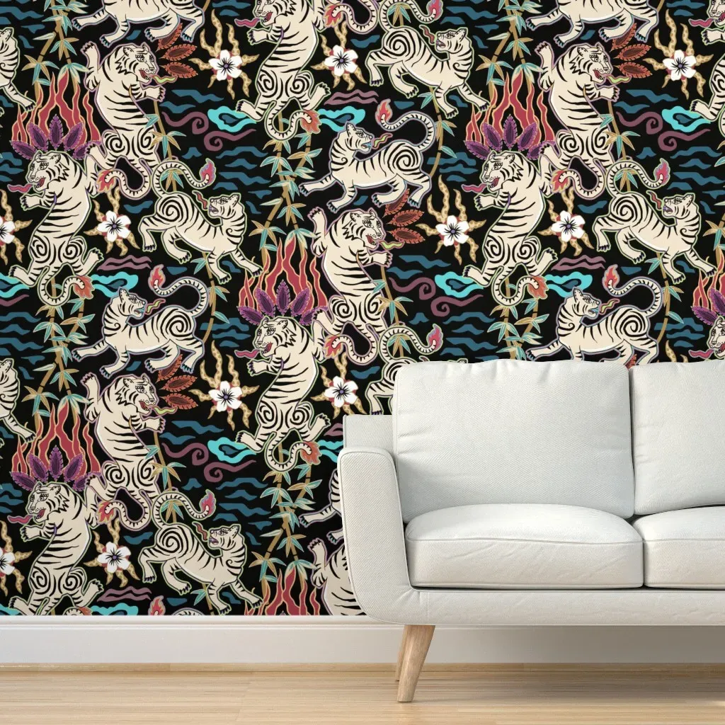 Muted Jewel Toned Flaming Tigers Peel and Stick Wallpaper - Black product