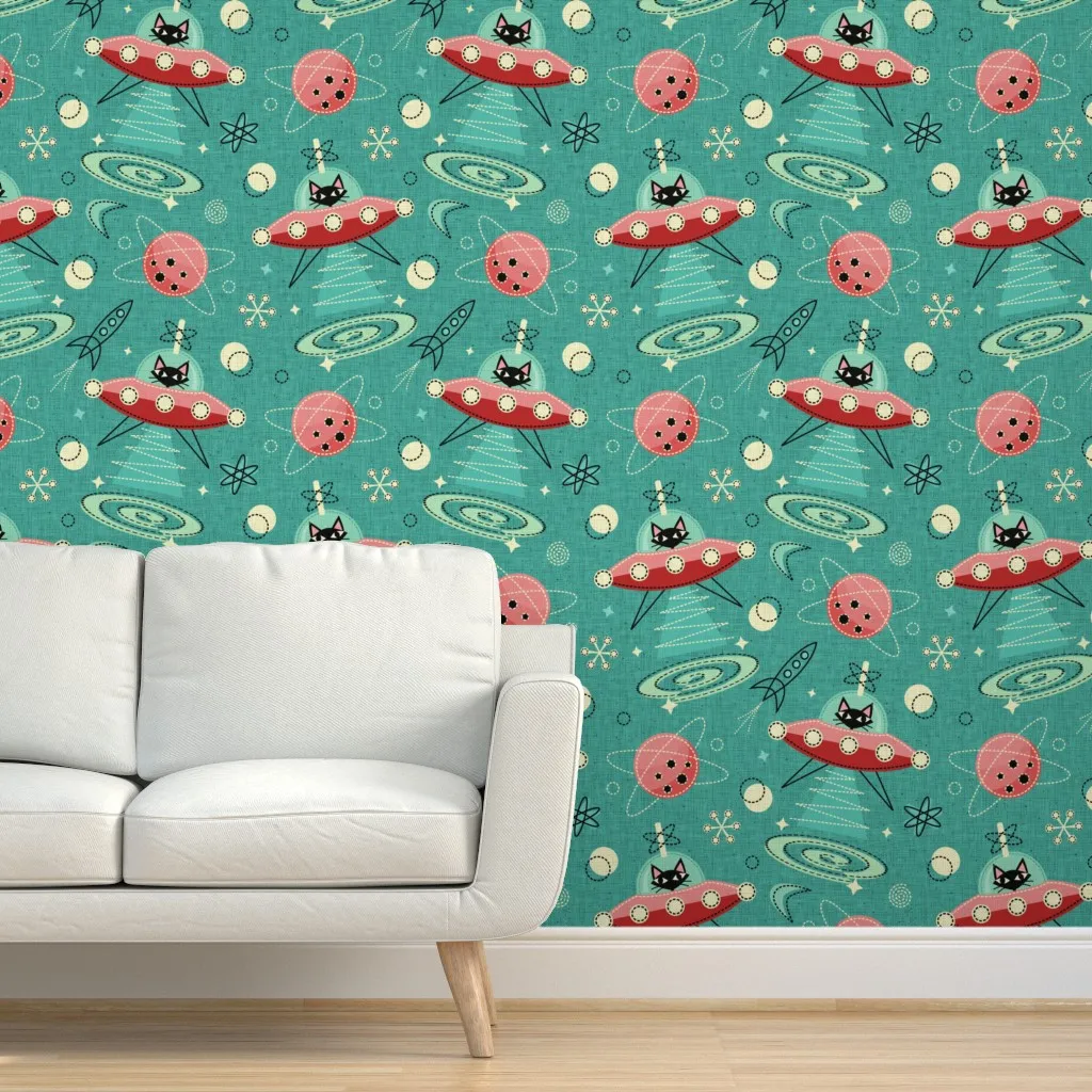 My Kitty Drives A Ufo Peel and Stick Wallpaper - Teal product