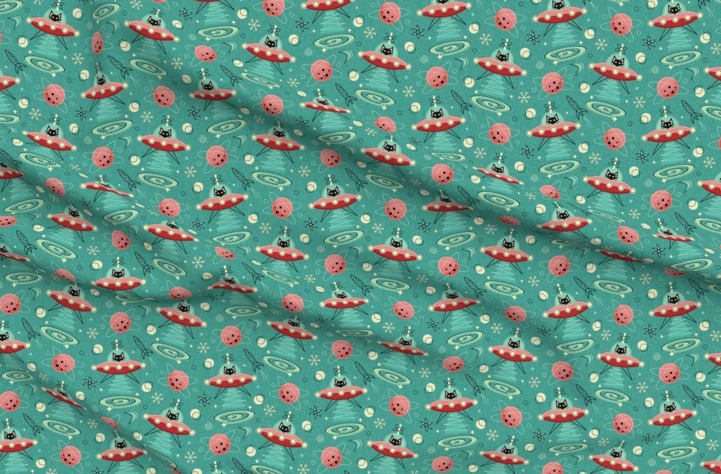 My Kitty Drives A Ufo Sport Pique Fabric - Teal product
