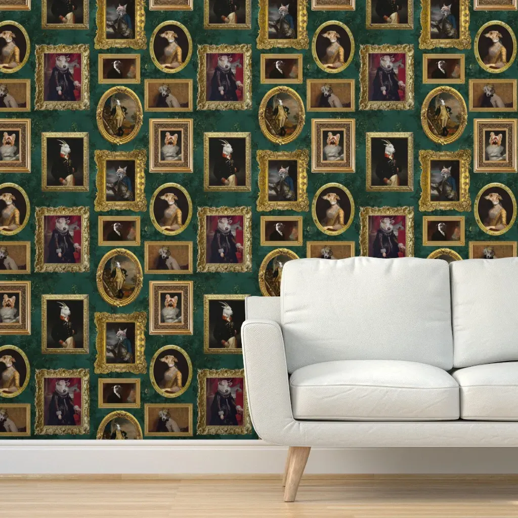 Mystic Goth Animals Portraits Peel and Stick Wallpaper - Gold, Dark Green product