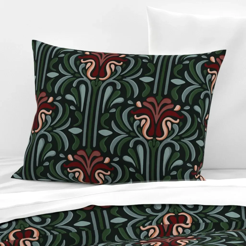 Mystic Rose Art Nouveau Floral Standard Knife Edge Pillow - Dark Red, Cotton Sateen product