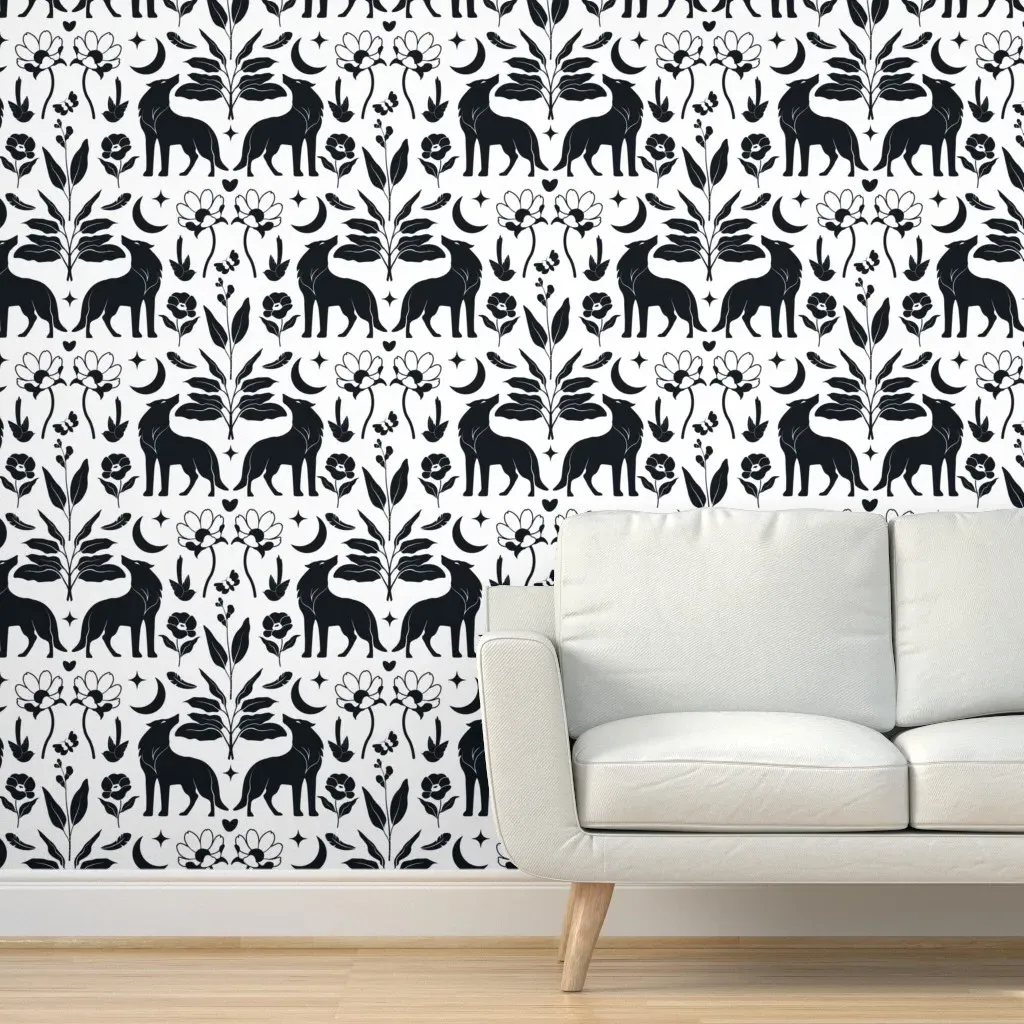 Mystic Wolves and Florals Peel and Stick Wallpaper - Black product