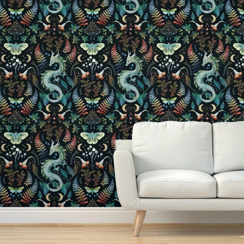 Mystic Woodland Dragon Autumn Large Scale Peel and Stick Wallpaper - Teal product