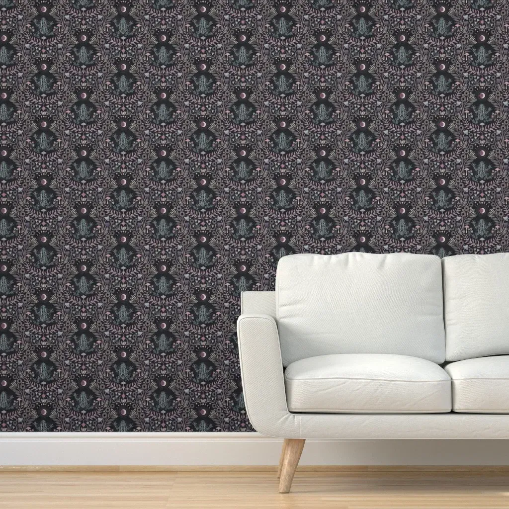 Mystical Frog Damask Moon Mushrooms Peel and Stick Wallpaper - Teal, Grey product