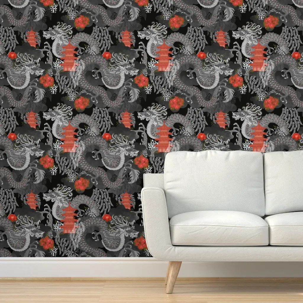 Mythical Dragons Peel and Stick Wallpaper - Black and White product