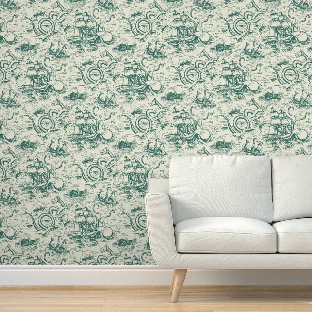 Mythical Sea Creatures Toile De Jouy Peel and Stick Wallpaper - Teal product