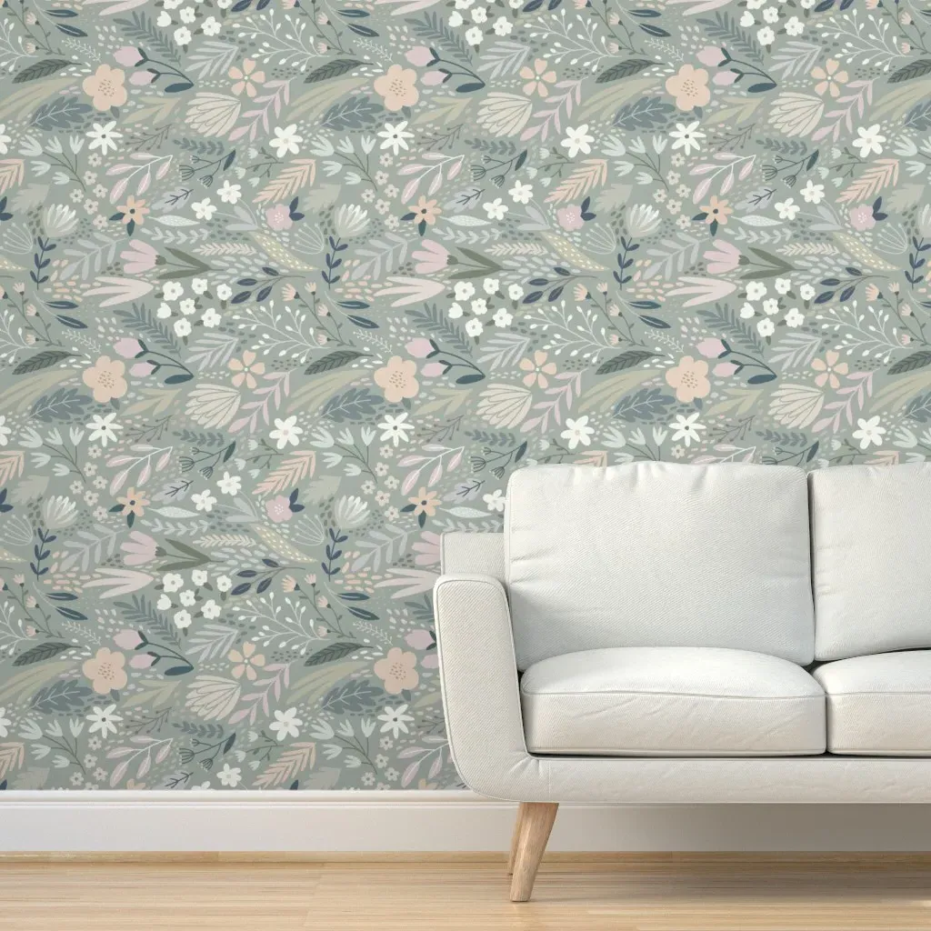 Natural Botanical Peel and Stick Wallpaper - Dusty Blue-Green product