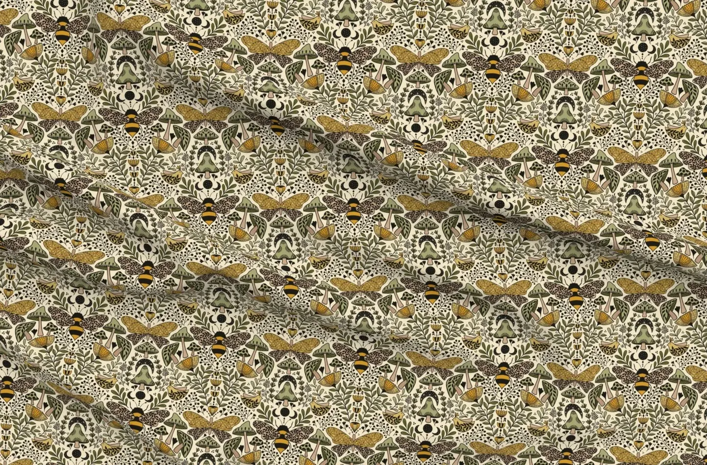 Natural Habitat Bees Moths Wild Grass Print Fabric - Green product