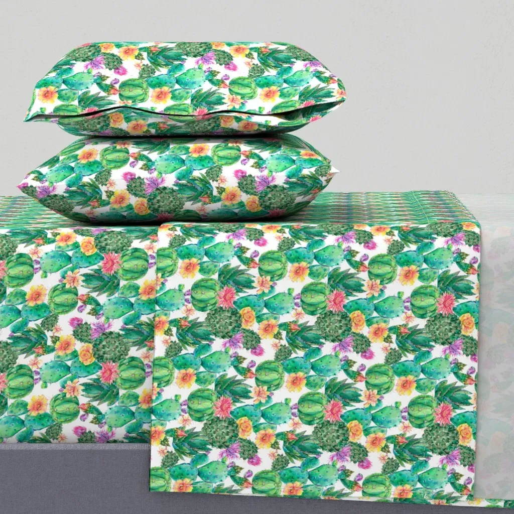 Naturally Tropical Watercolor Cacti Floral Twin Sheet Set - Green product