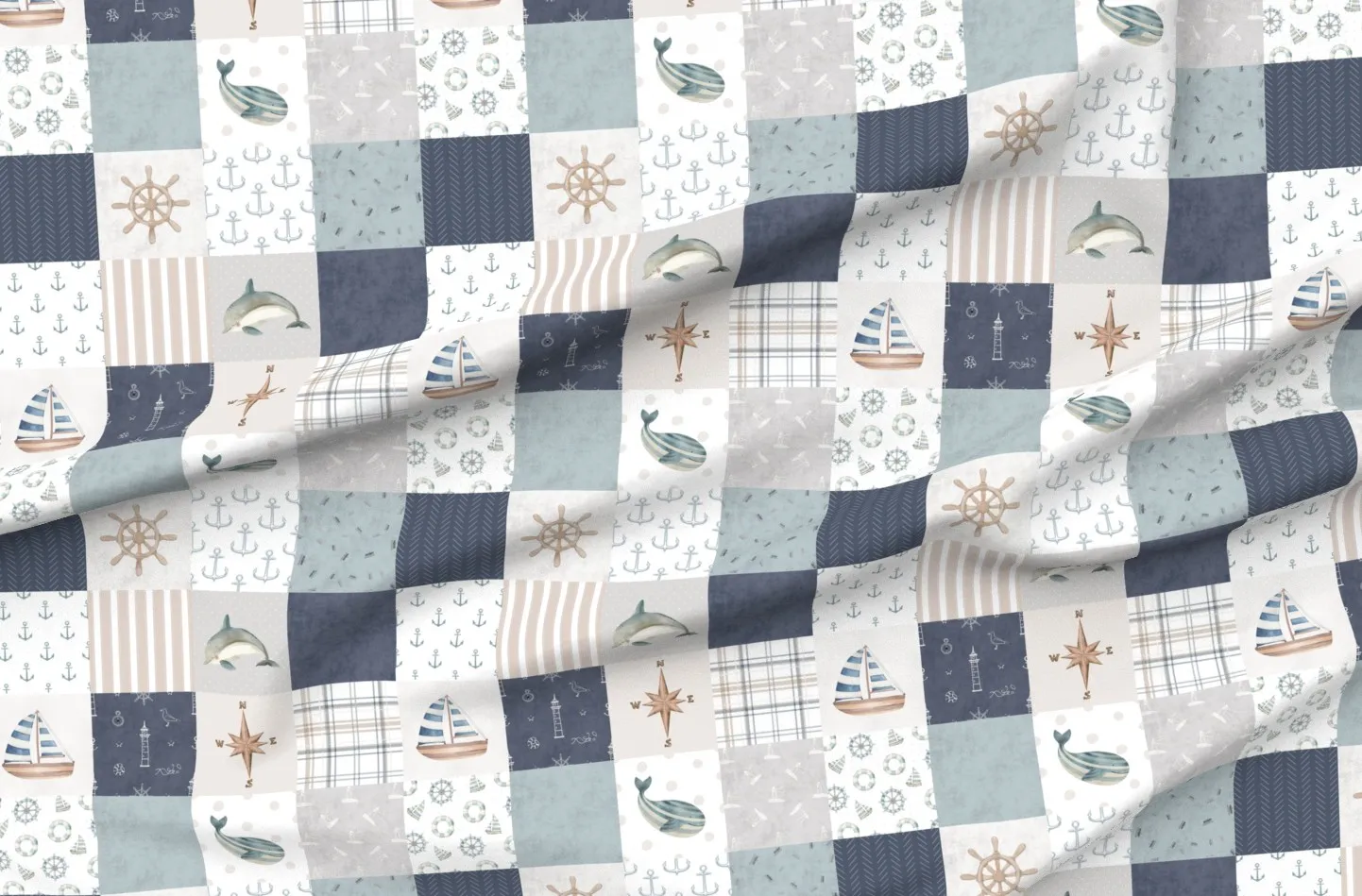 Nautical Cheater Quilt Dolphin Boat Print - Light Blue product