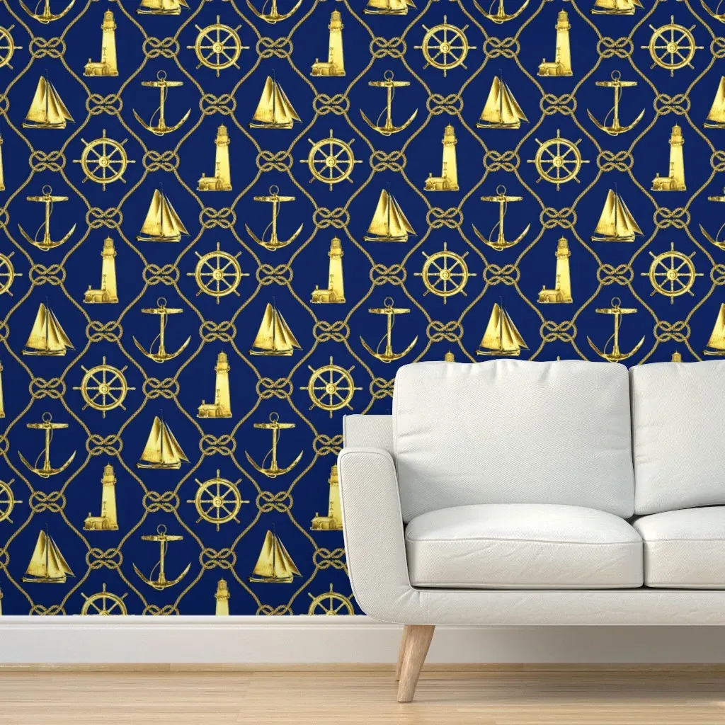 Nautical Knots Lighthouses Anchor Sailboats Peel and Stick Wallpaper - Gold product