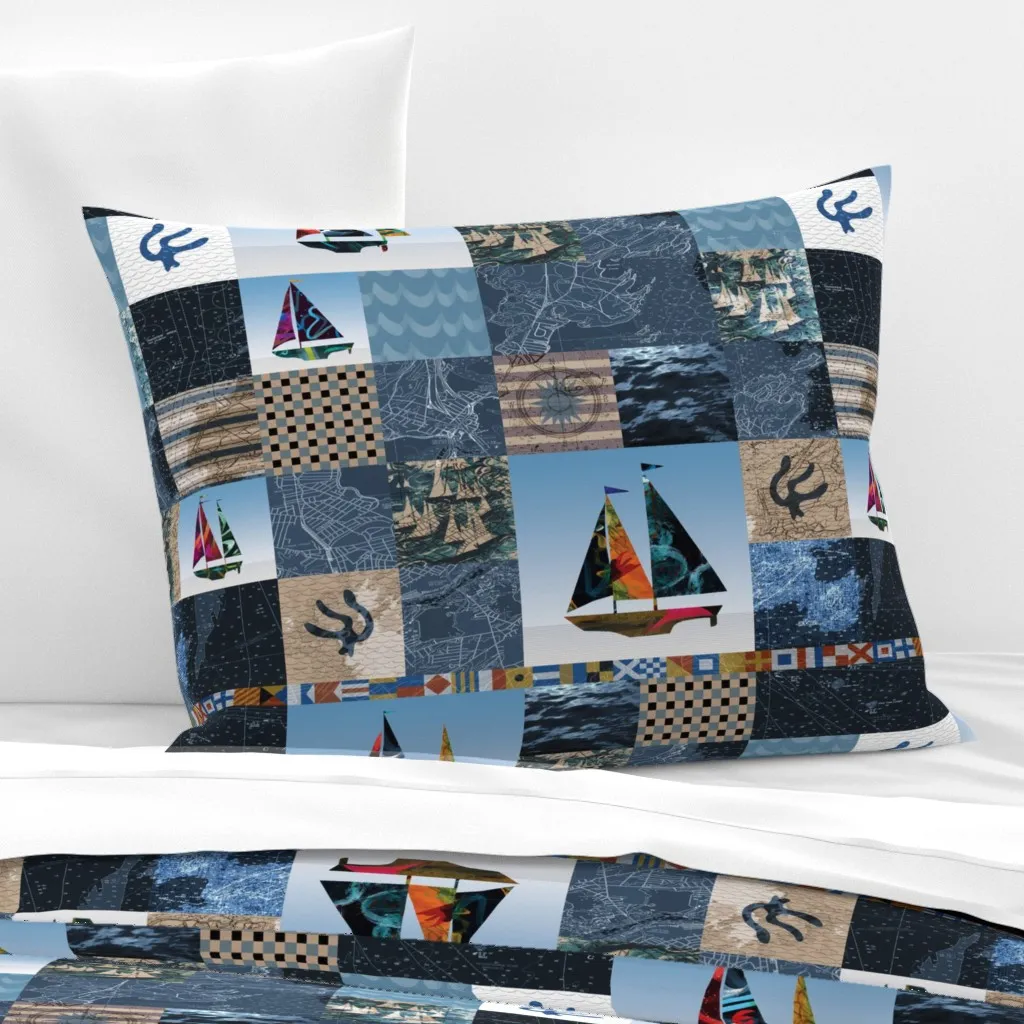 Nautical Maps Sailboats Flags Standard Quilt - Blue, Cotton Sateen product