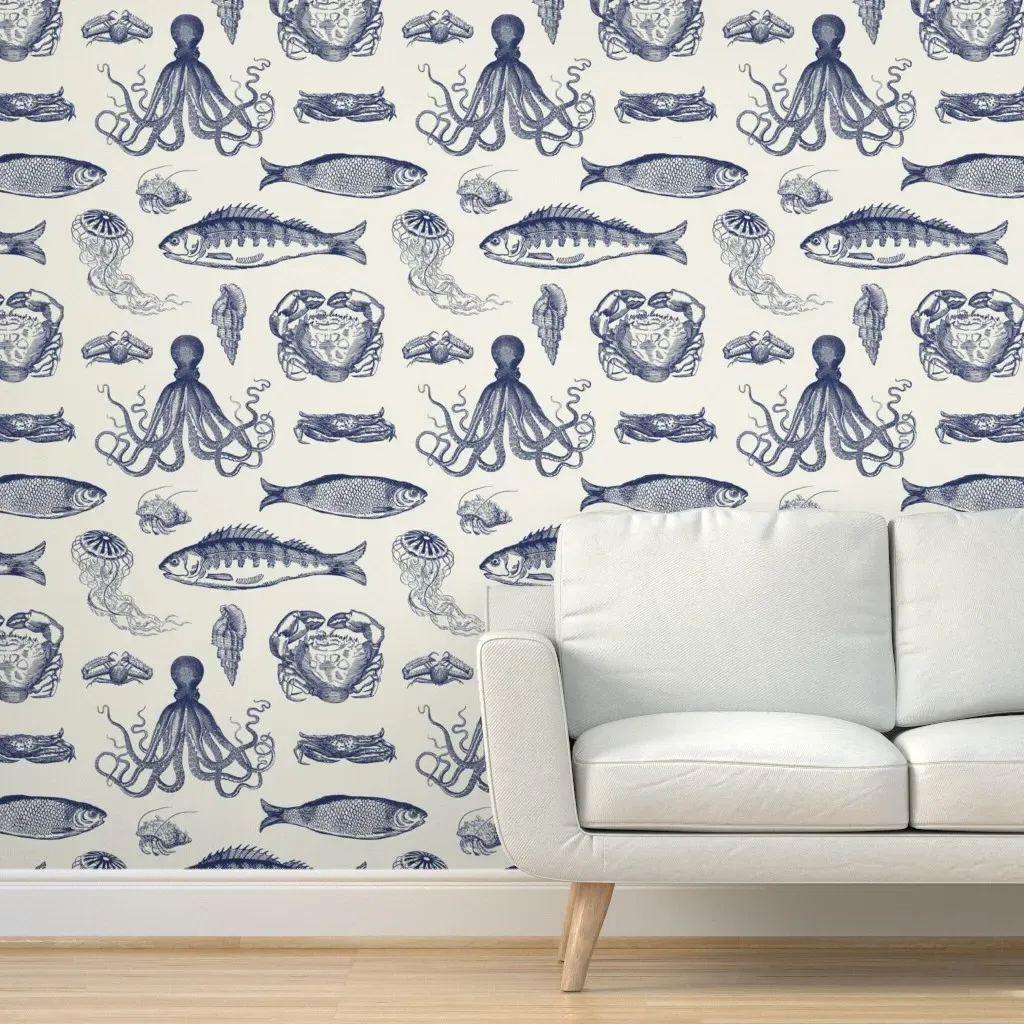 Nautical Toile Peel and Stick Wallpaper - Cream & Navy Blue product
