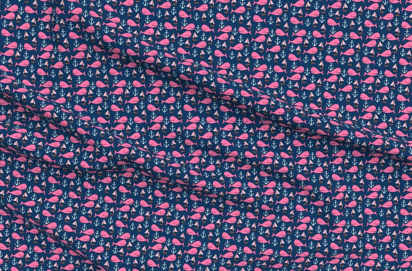 Nautical Whale & Anchors Printed Fabric - Navy, Pink product