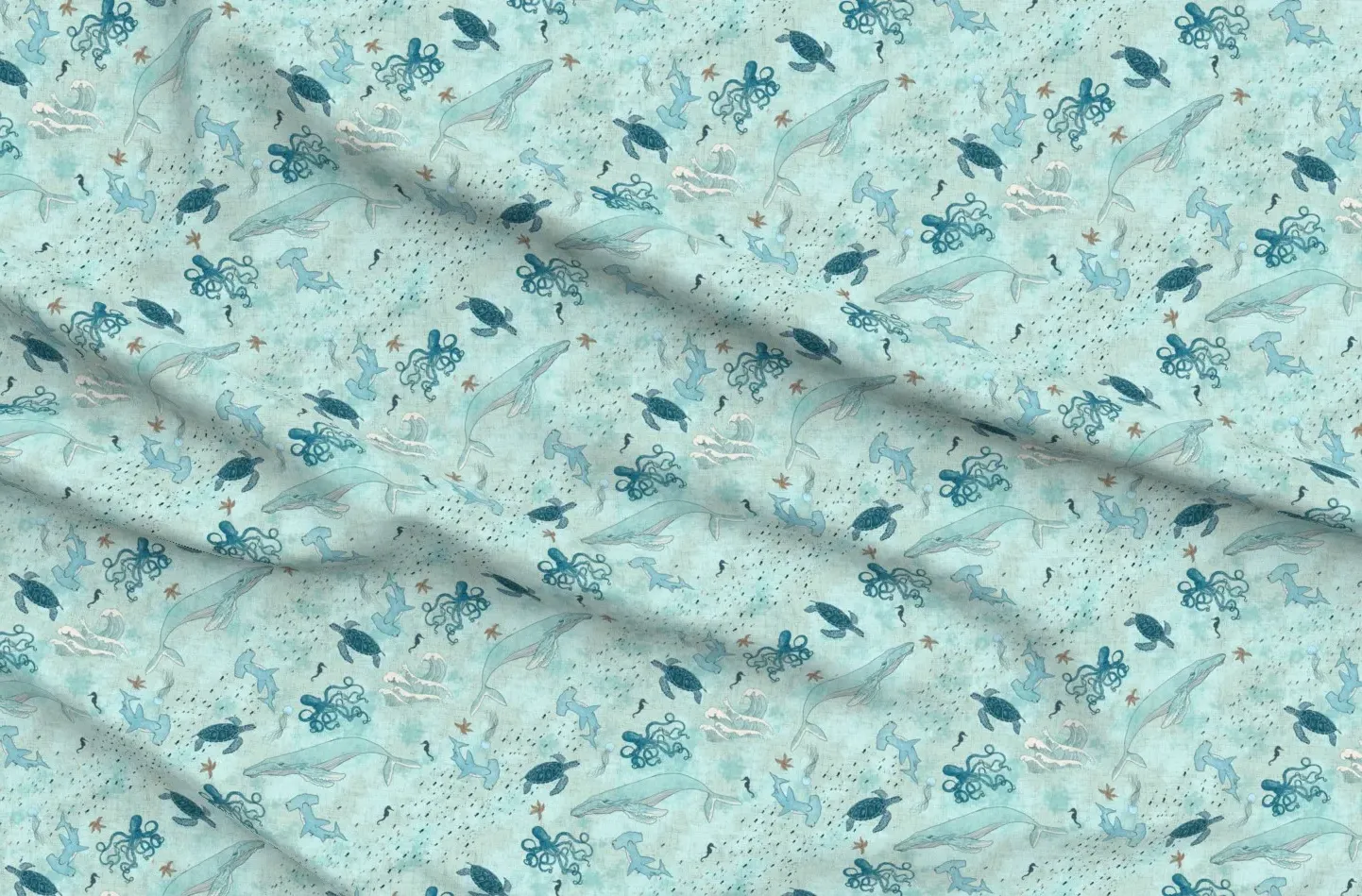 Nautical Whales Seaturtles Fishes Sharks Seahorses Fabric - Blue, Pique product