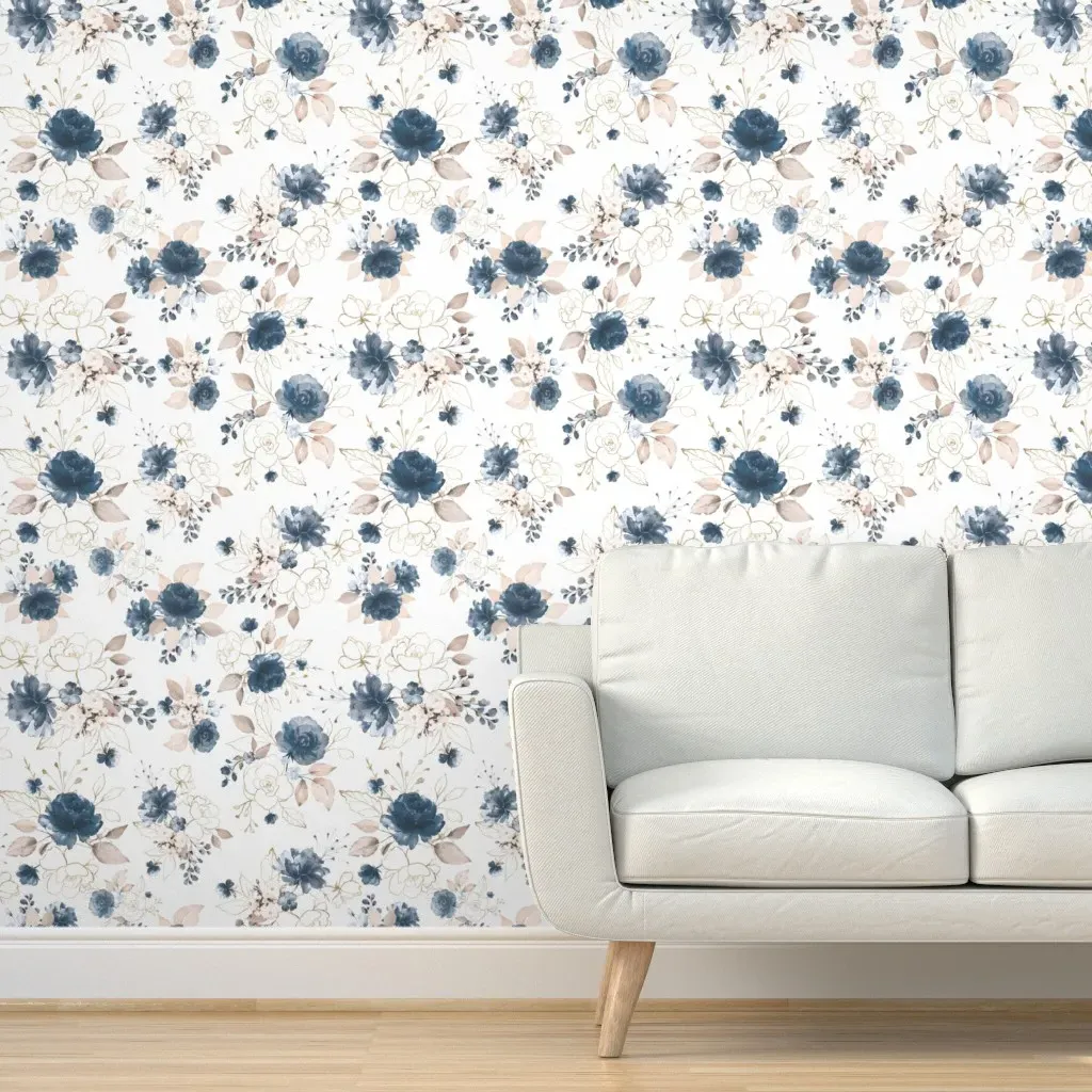 Navy and Gold Floral Peel and Stick Wallpaper - Blue product