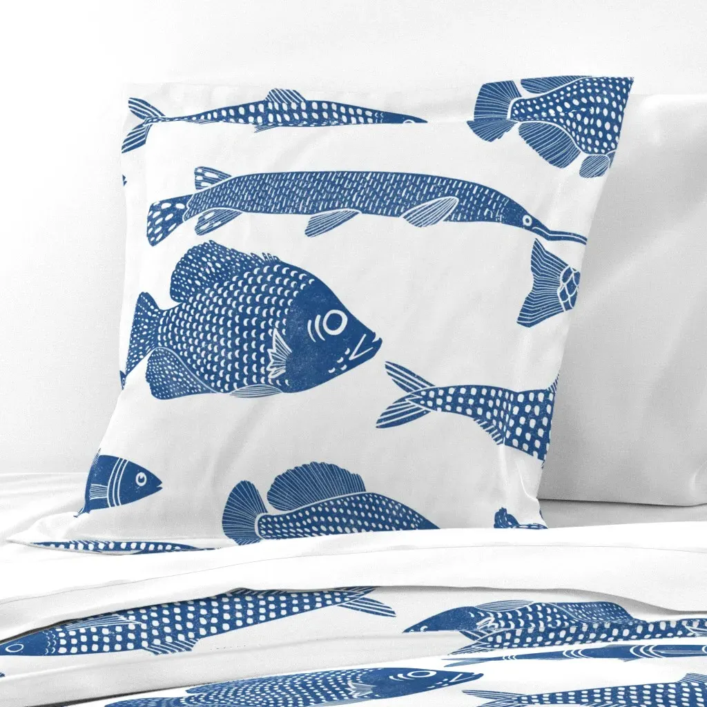 Navy Blue Block Print Fish Large Euro Pillow Sham - Blue product