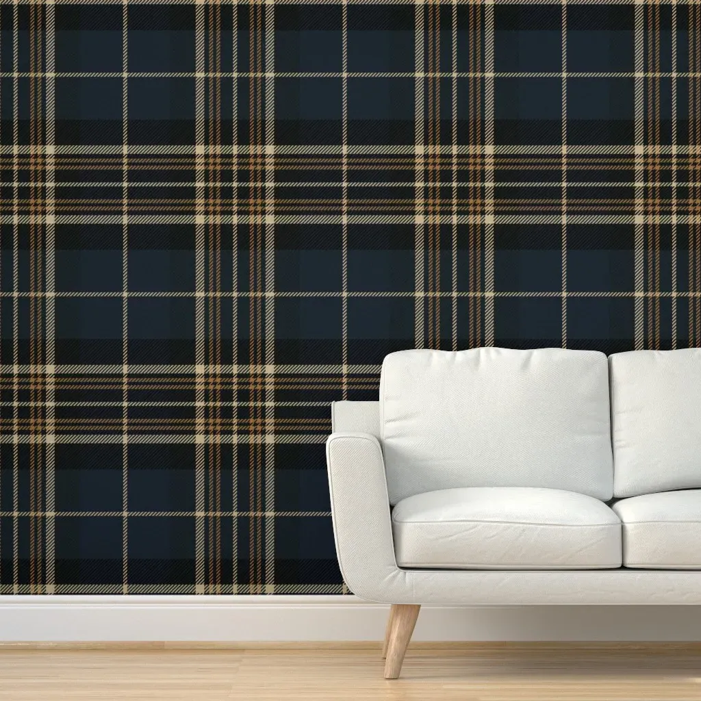 Navy Blue Gold Plaid Tartan Check Peel and Stick Wallpaper - Navy product