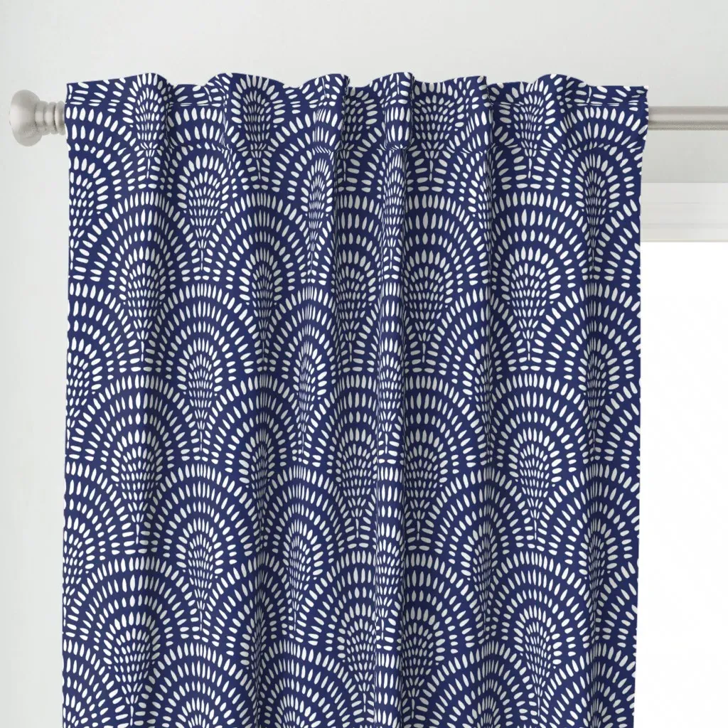 Navy Blue Scallop Fan Curtain Panel - White alternate view