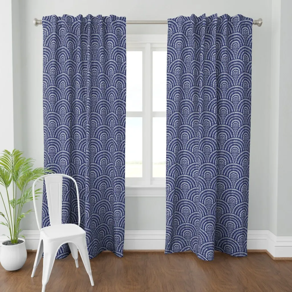 Navy Blue Scallop Fan Curtain Panel - White product