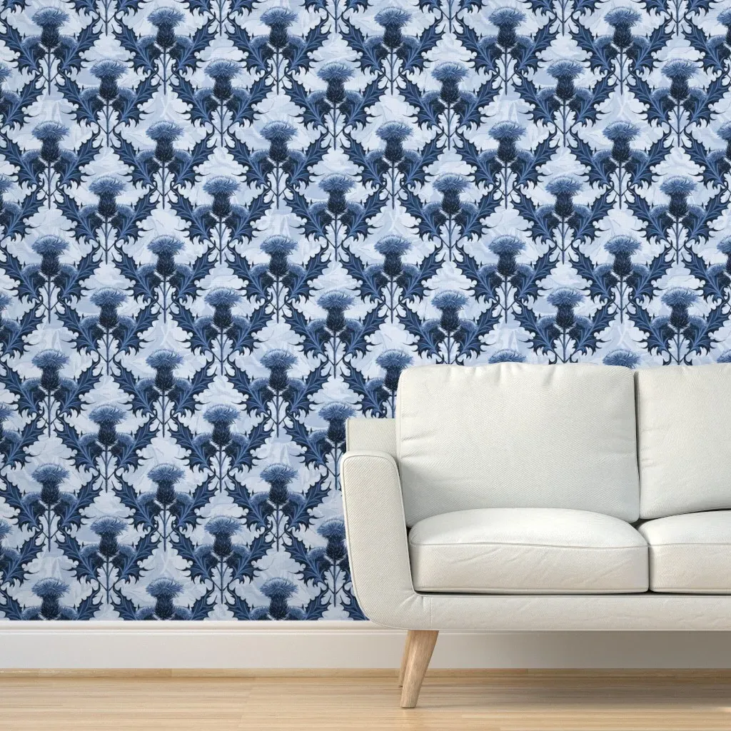 Navy Blue Toile De Jouy Thistles Peel and Stick Wallpaper - Indigo product