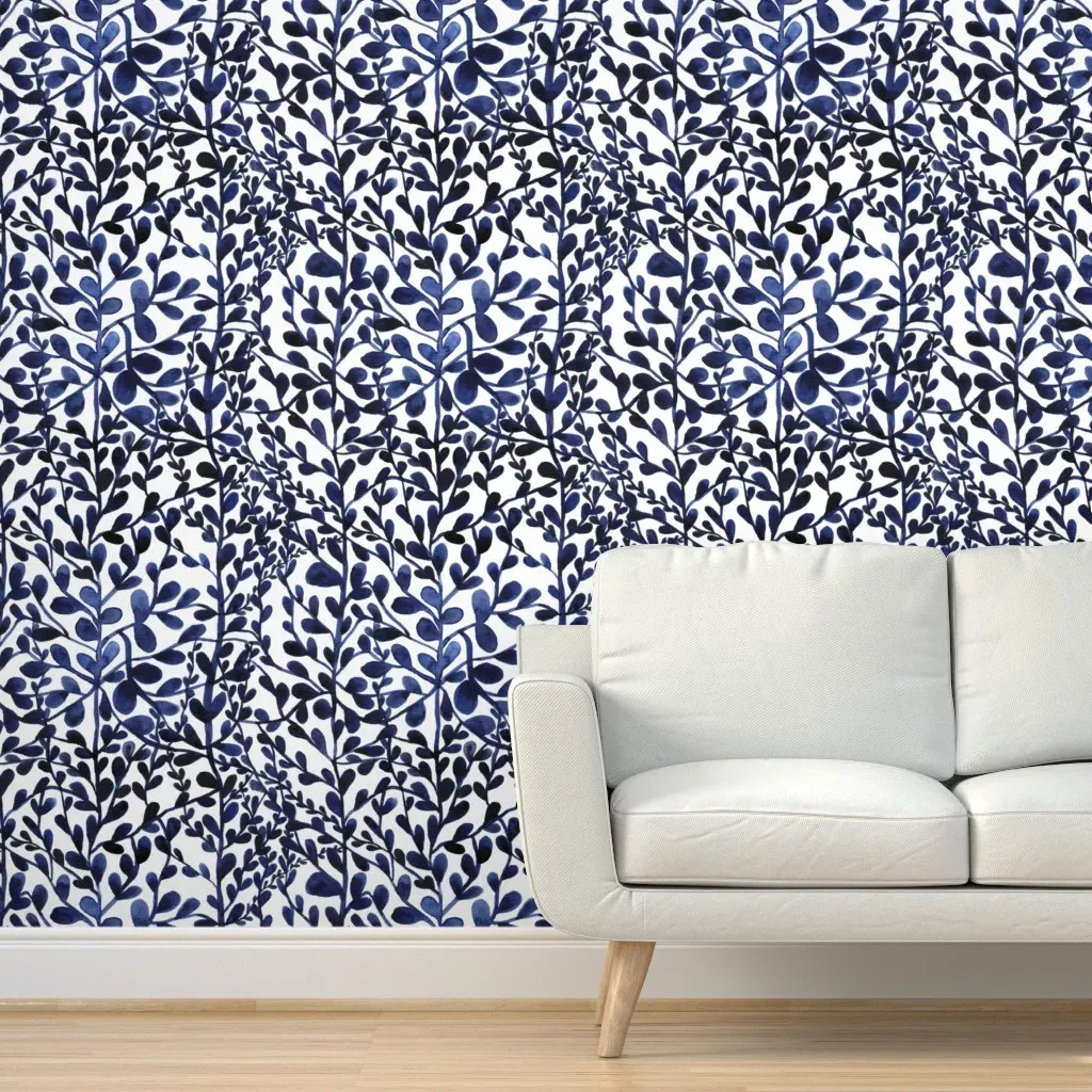 Navy Floral and Leaves Peel and Stick Wallpaper - Blue product