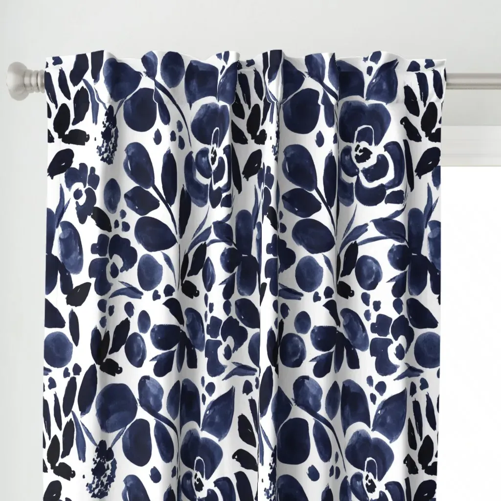 Navy Floral Pattern L Curtain Panel - Indigo alternate view