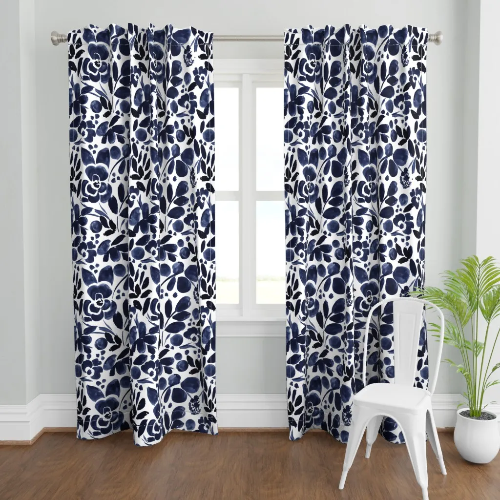 Navy Floral Pattern L Curtain Panel - Indigo product