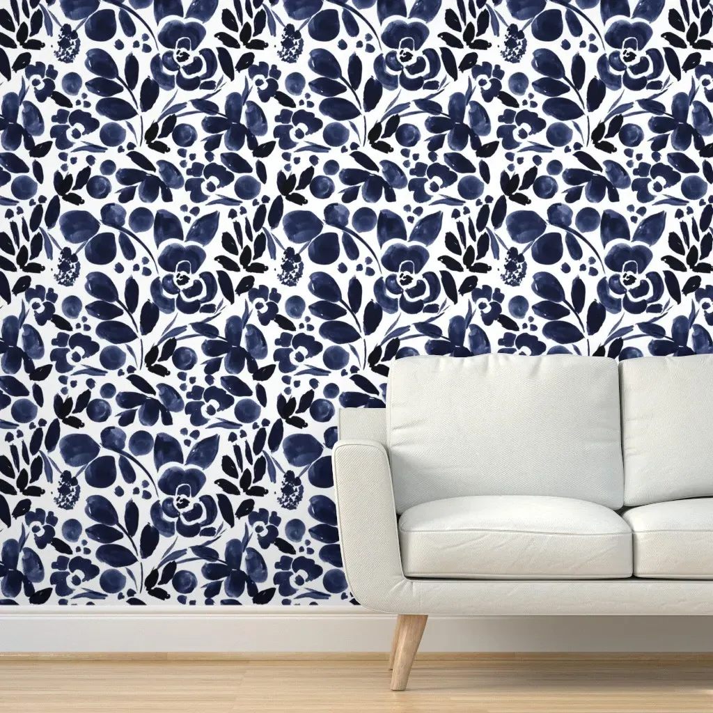 Navy Floral Peel and Stick Wallpaper - Blue, White product