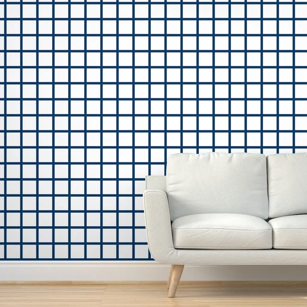 Navy Grid Fabric Stripes Peel and Stick Wallpaper - Navy, White product