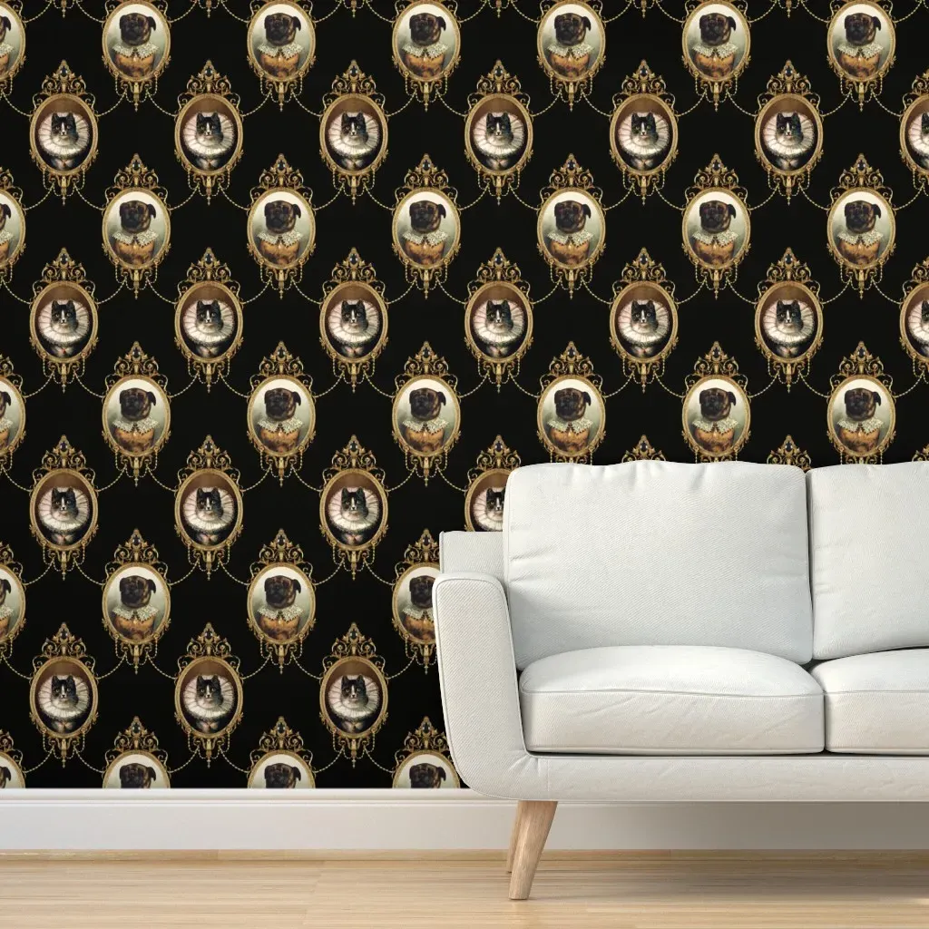 Neoclassical Baroque Dogs & Cats Peel and Stick Wallpaper - Black, Brown product