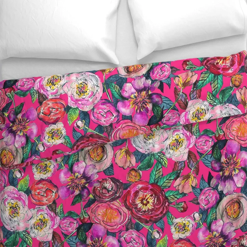 Neon Coral Rose Garden Duvet Cover - Pink alternate view