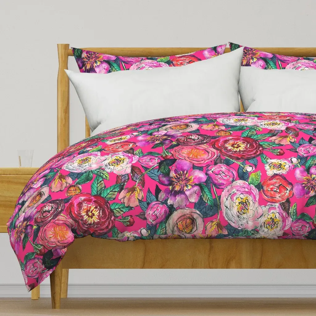 Neon Coral Rose Garden Duvet Cover - Pink product