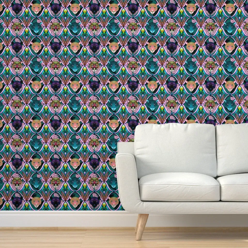 Neon Jaguars Ogee Peel and Stick Wallpaper - Blue, Pink, Teal product