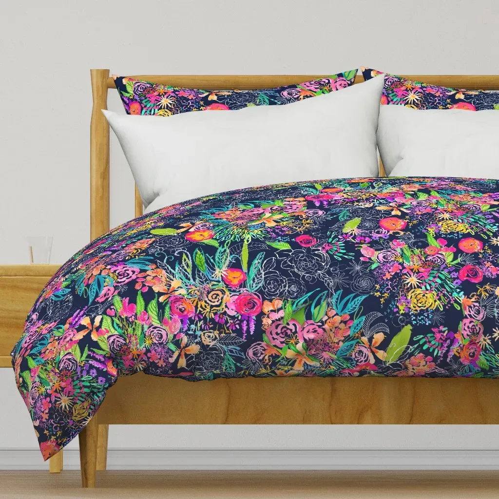 Neon Night Garden Navy Duvet Cover - Pink product