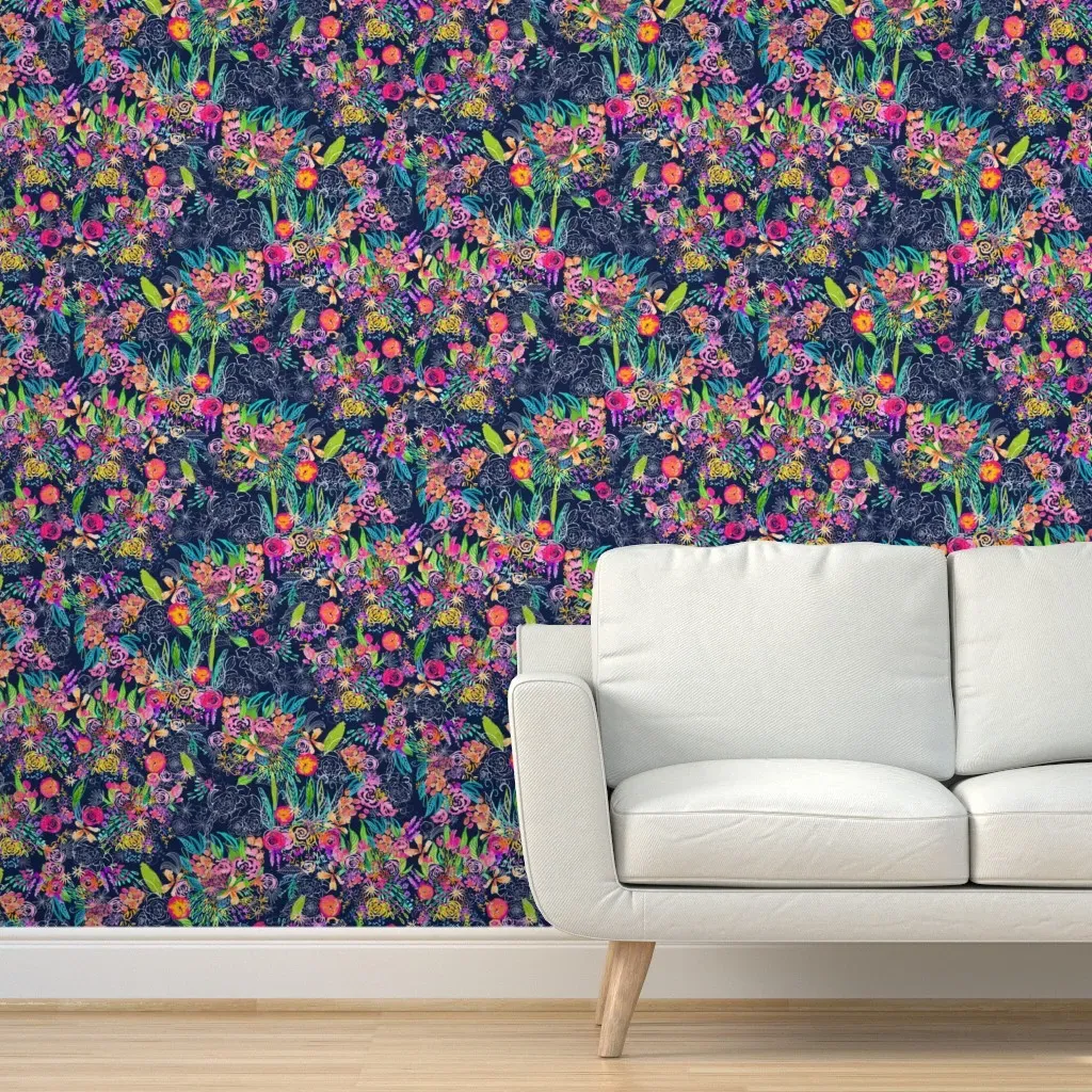 Neon Night Garden Peel and Stick Wallpaper - Navy product