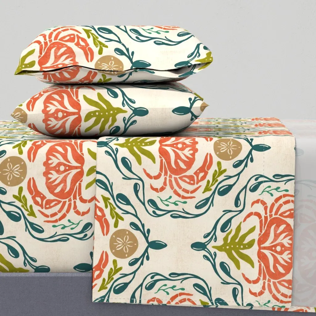 New England Folk Crab & Sand Dollar King Sheet Set - Coral product
