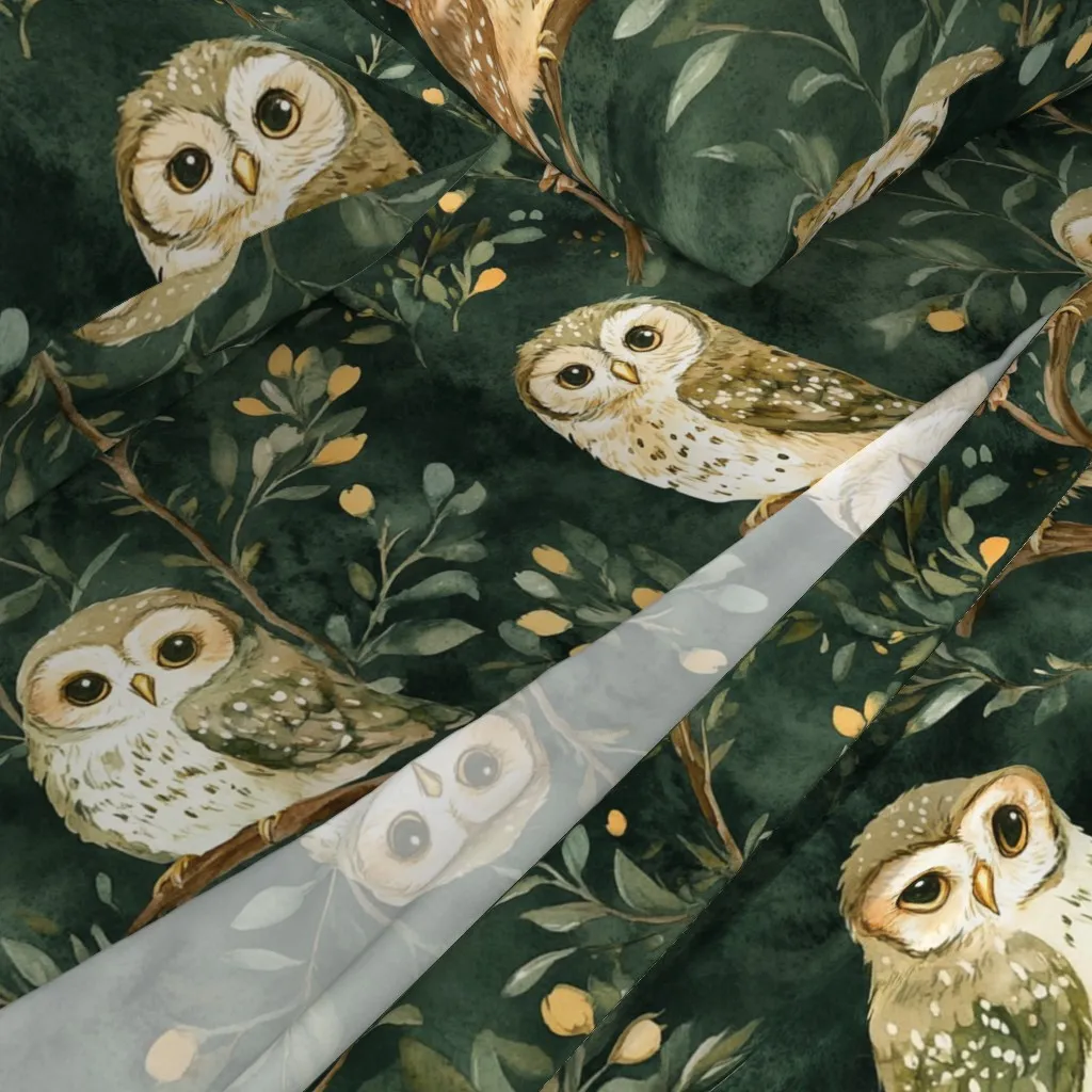 Night Forest Dark Green Owls Watercolor Full Sheet Set - Brown alternate view