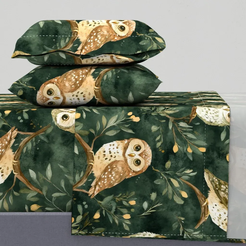Night Forest Dark Green Owls Watercolor Full Sheet Set - Brown product