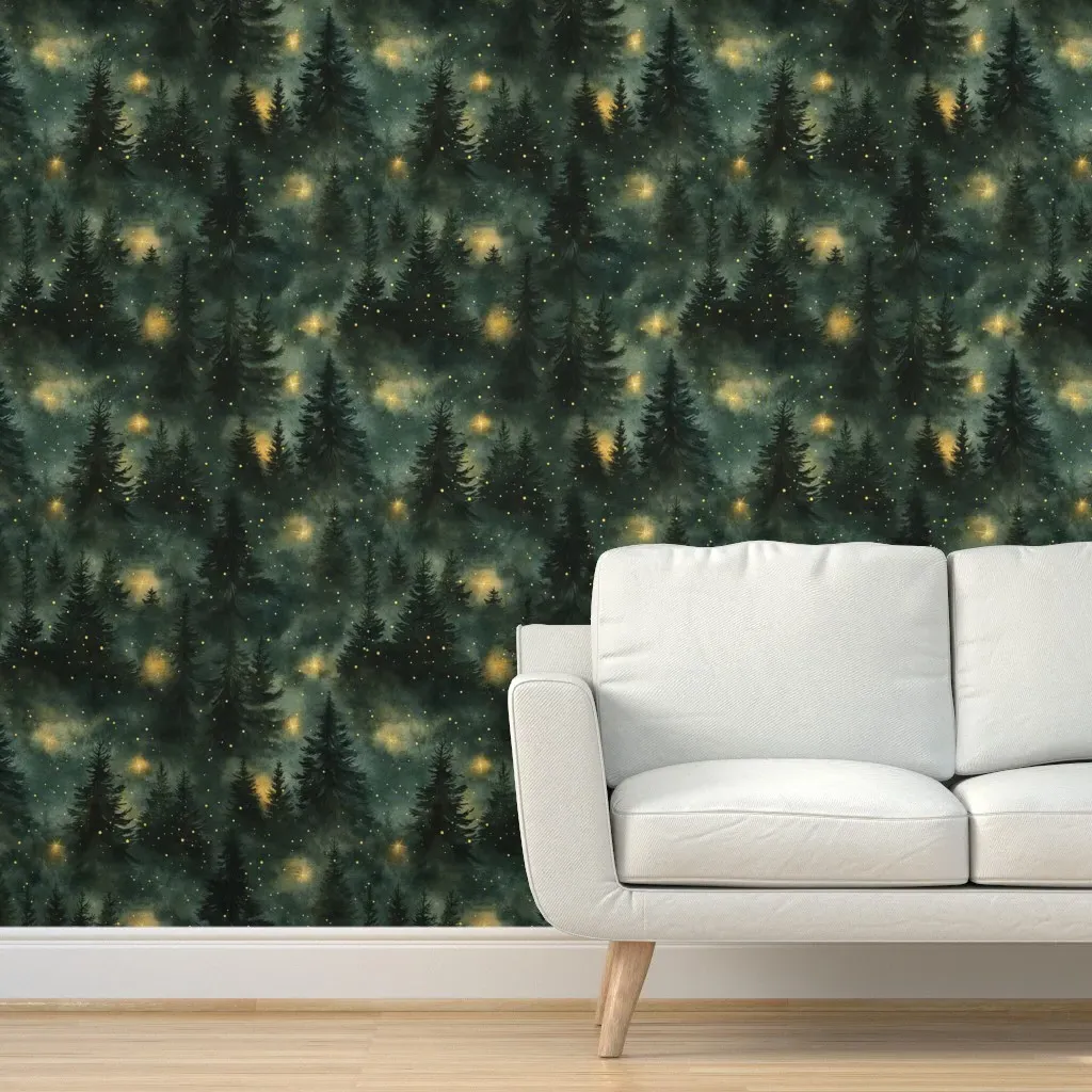 Night Forest Trees Watercolor Peel and Stick Wallpaper - Dark Green product